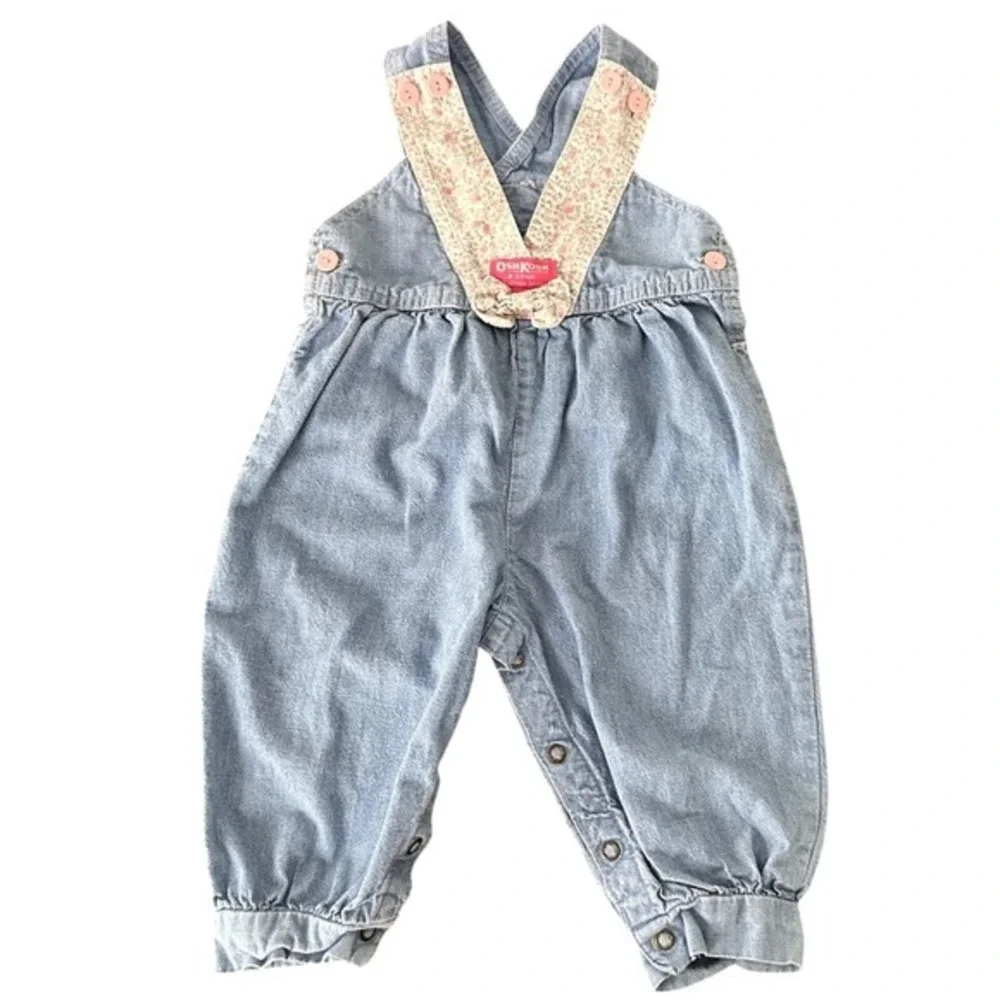 OshKosh B'gosh Overalls Girls 18M Blue Floral Vestbak‎ Vintage Denim Bow Pink